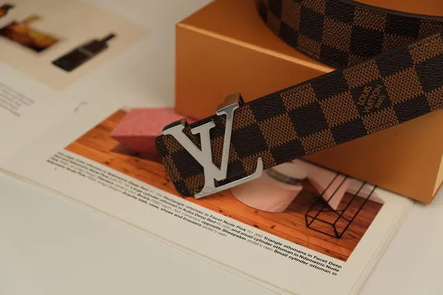 Louis Vuitton Cinto de couro Marrom Bege Damier Ebène Lona xadrez fivela prata polida tom prata LV 6