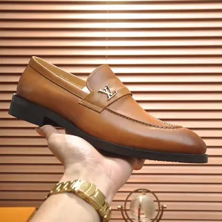 Louis Vuitton 棕黑皮革便士LV压花鞋带乐福鞋