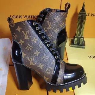 Louis Vuitton Brown Black Monogram Canvas Patent Leather Accents Ankle Boots