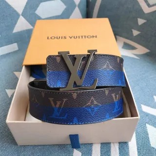 Louis Vuitton Brown Blue Monogram-Printed Wide Stripe Accent Leather Belt