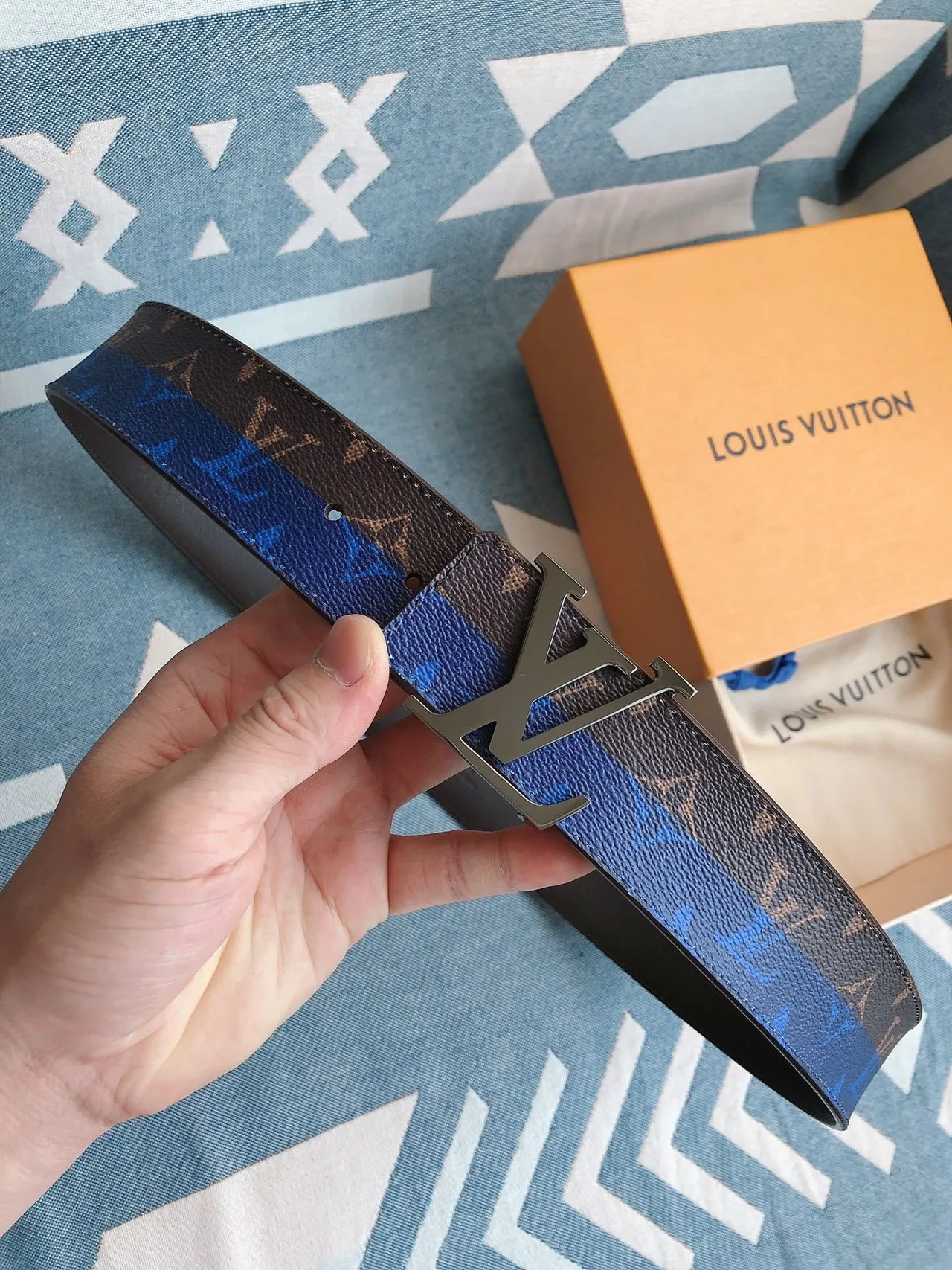 Louis Vuitton Brown Blue Monogram-Printed Wide Stripe Accent Leather Belt 3