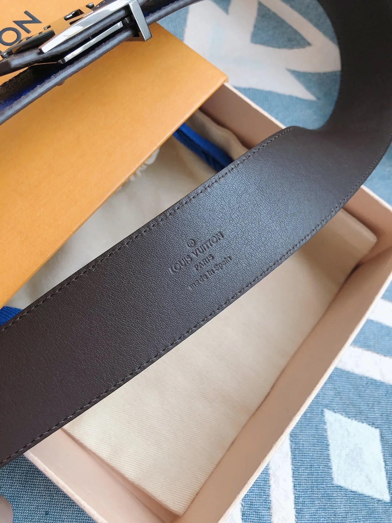 Louis Vuitton Brown Blue Monogram-Printed Wide Stripe Accent Leather Belt 4