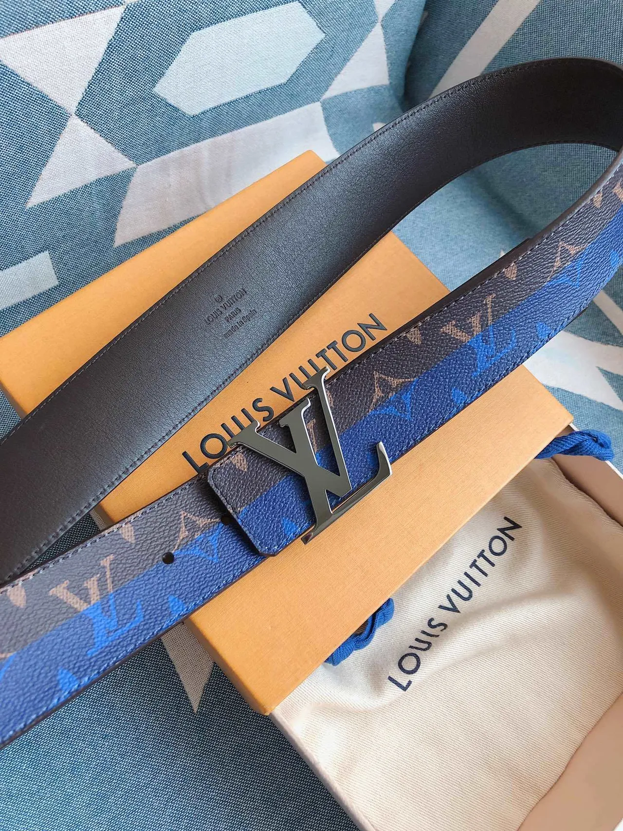 Louis Vuitton Brown Blue Monogram-Printed Wide Stripe Accent Leather Belt 5