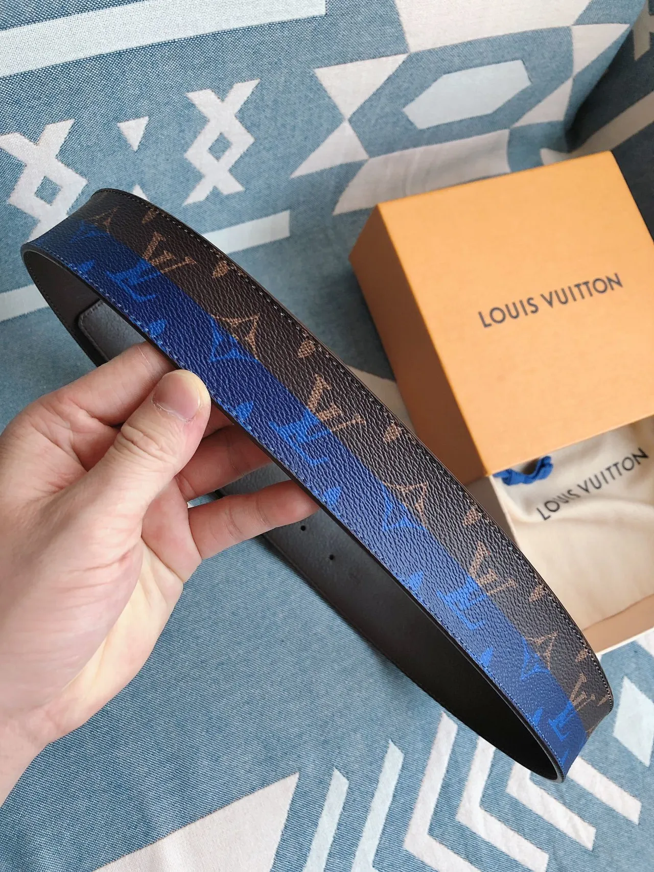 Louis Vuitton Brown Blue Monogram-Printed Wide Stripe Accent Leather Belt 6