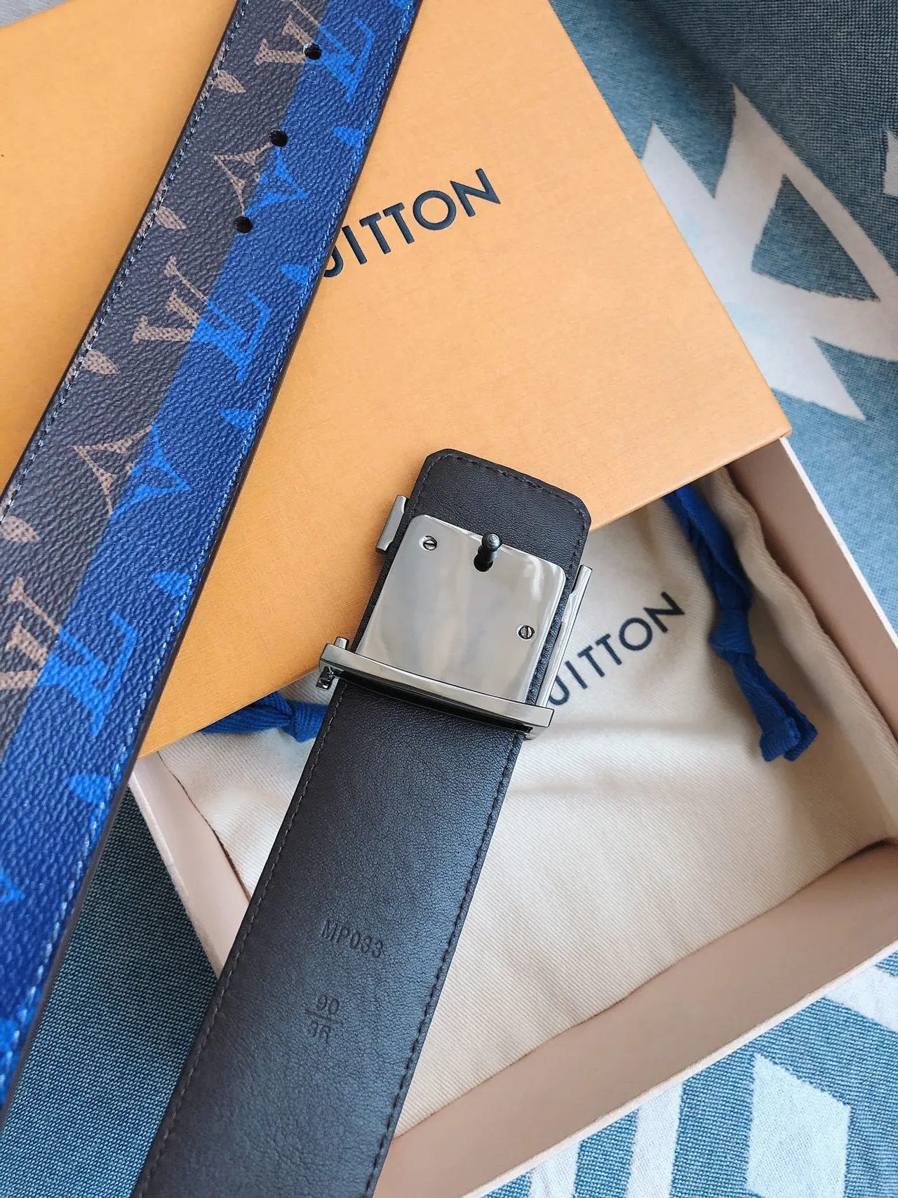 Louis Vuitton Brown Blue Monogram-Printed Wide Stripe Accent Leather Belt 7