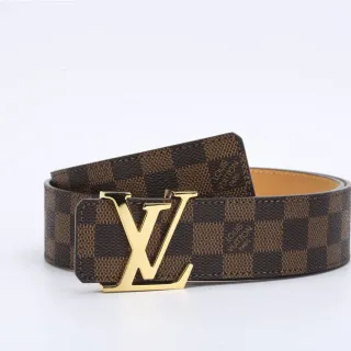 Louis Vuitton বাদামি সোনালি Damier Ebène Canvas Polished LV Buckle Leather Belt