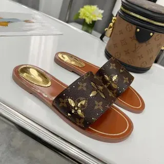 Louis Vuitton Zapatillas Marrones Doradas Monograma Lona con Recortes Florales