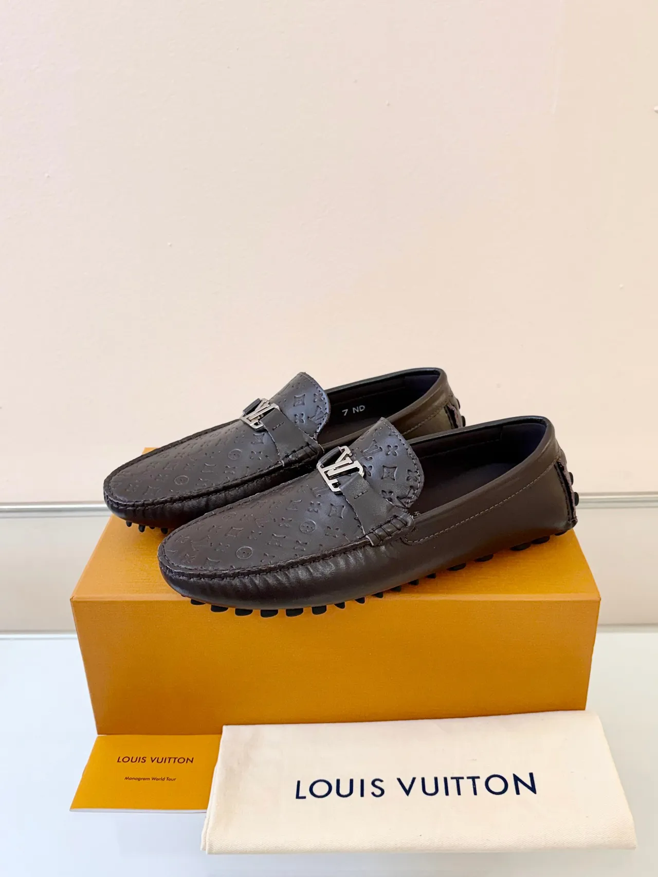 Louis Vuitton Brown Gold Monogram-Embossed Leather LV Buckle Strap Loafer 2