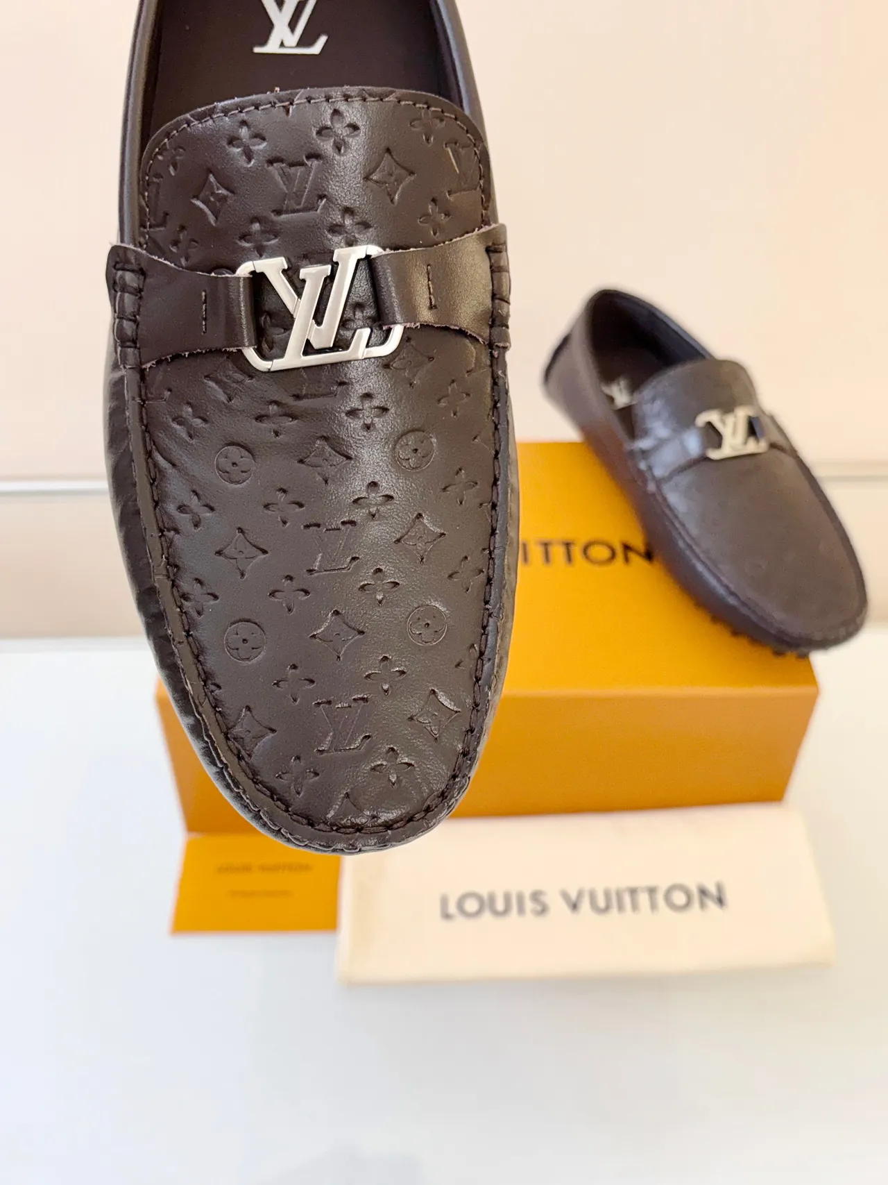 Louis Vuitton Brown Gold Monogram-Embossed Leather LV Buckle Strap Loafer 3