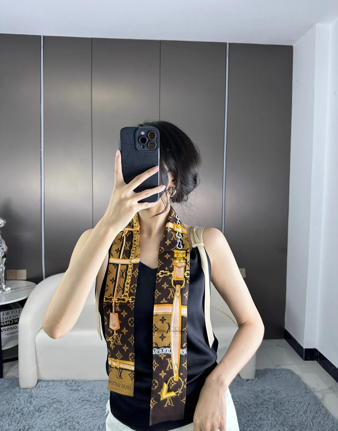 Louis Vuitton Brown Gold Monogram-Printed Silk Scarf 3