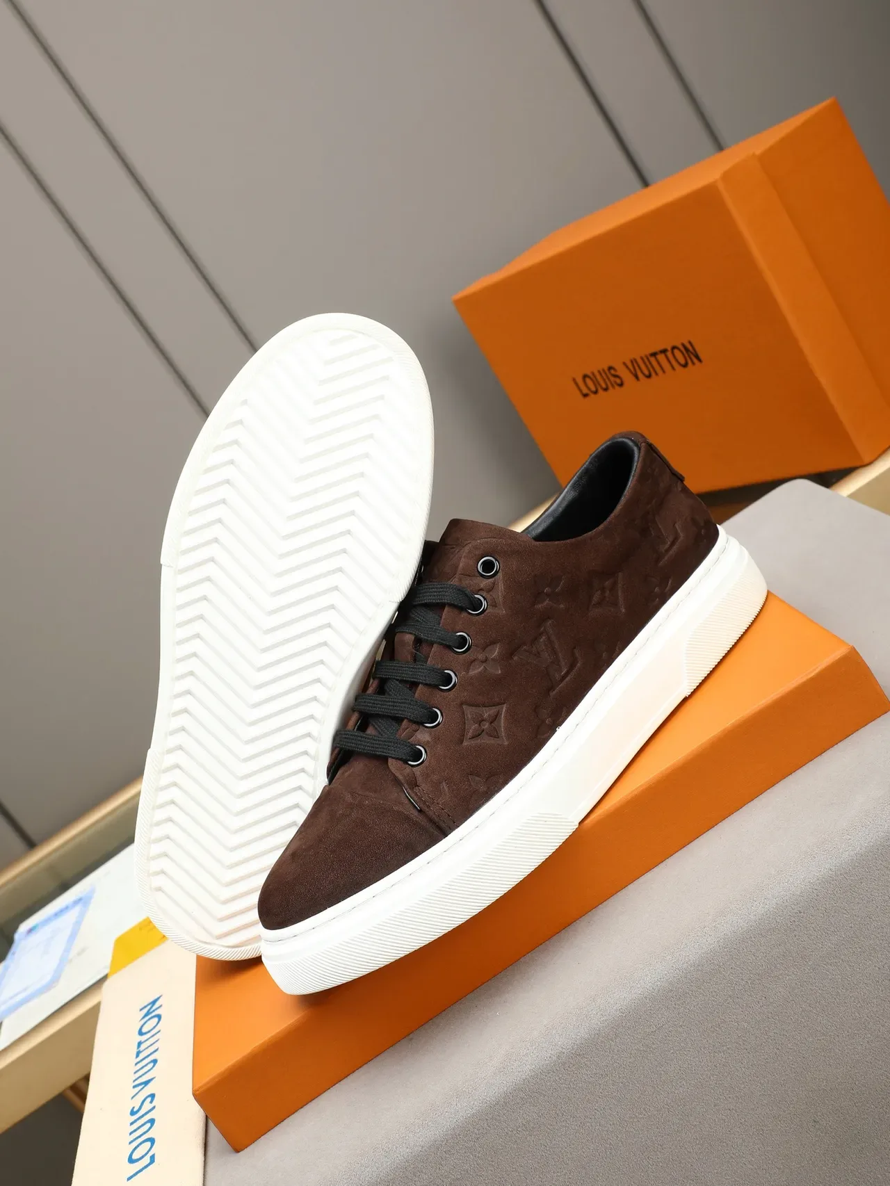 Louis Vuitton Brown White Embossed Monogram Suede Low-Top Lace-Up Lifestyle Sneakers 5