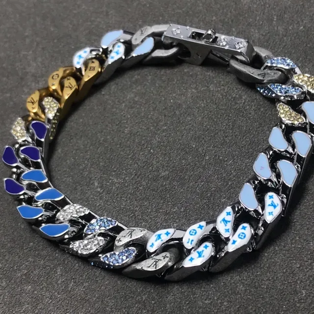 Louis Vuitton Chain Reaction Silver Blue Curb-Link Enamel Inlay Bracelet 2