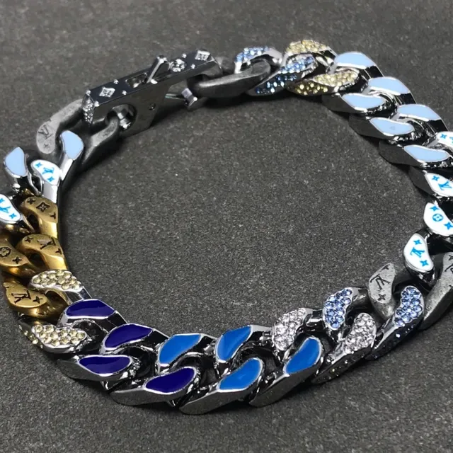 Louis Vuitton Chain Reaction Silver Blue Curb-Link Enamel Inlay Bracelet 3