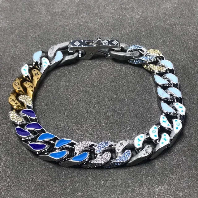 Louis Vuitton Chain Reaction Silver Blue Curb-Link Enamel Inlay Bracelet 4