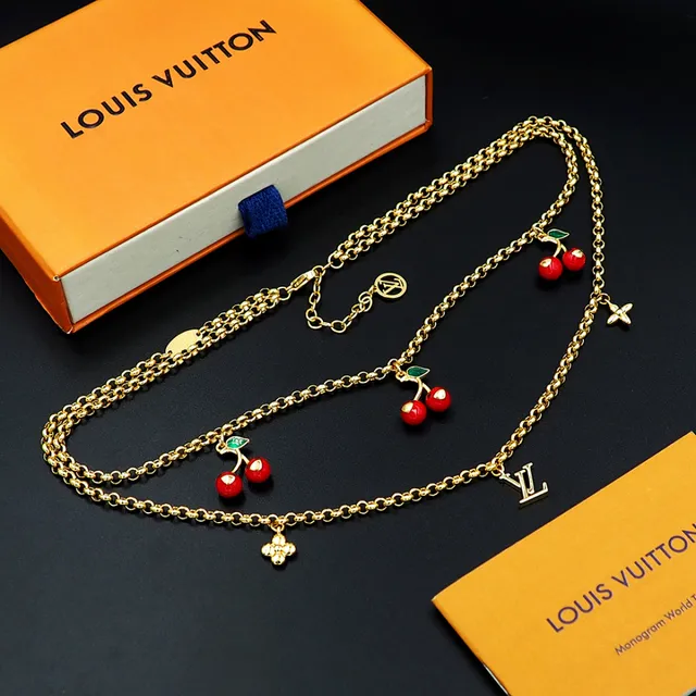 Louis Vuitton Cherry Motif Double Chain Gold Necklace 2