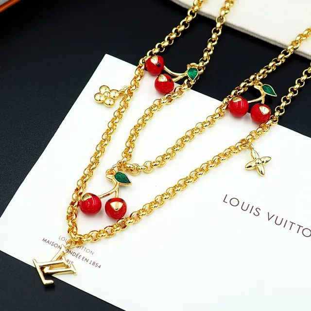 Louis Vuitton Cherry Motif Double Chain Gold Necklace 3