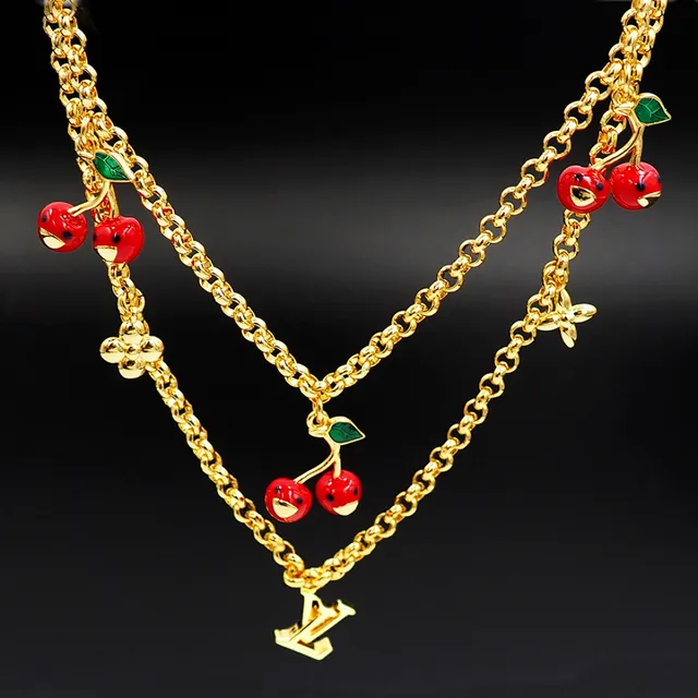 Louis Vuitton Cherry Motif Double Chain Gold Necklace 4