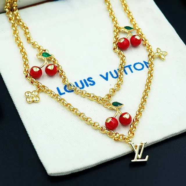 Louis Vuitton Cherry Motif Double Chain Gold Necklace 5