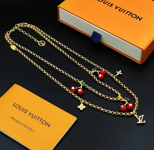Louis Vuitton Cherry Motif Double Chain Gold Necklace 6