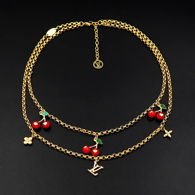 Louis Vuitton Cherry Motif Double Chain Gold Necklace 7