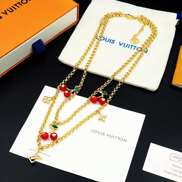 Louis Vuitton Cherry Motif Double Chain Gold Necklace 8