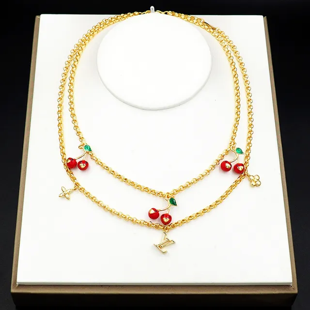 Louis Vuitton Cherry Motif Double Chain Gold Necklace 9
