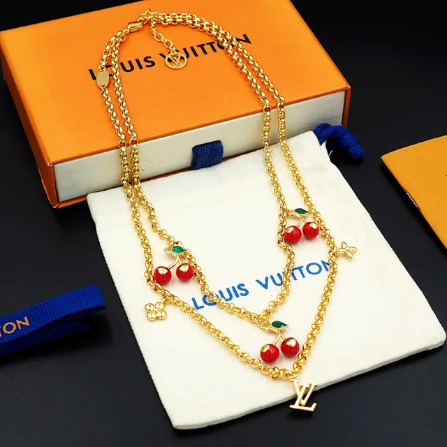 Louis Vuitton Cherry Motif Double Chain Gold Necklace 10