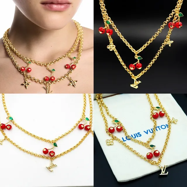 Louis Vuitton Cherry Motif Double Chain Gold Necklace 11