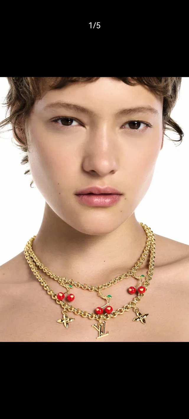 Louis Vuitton Cherry Motif Double Chain Gold Necklace 12