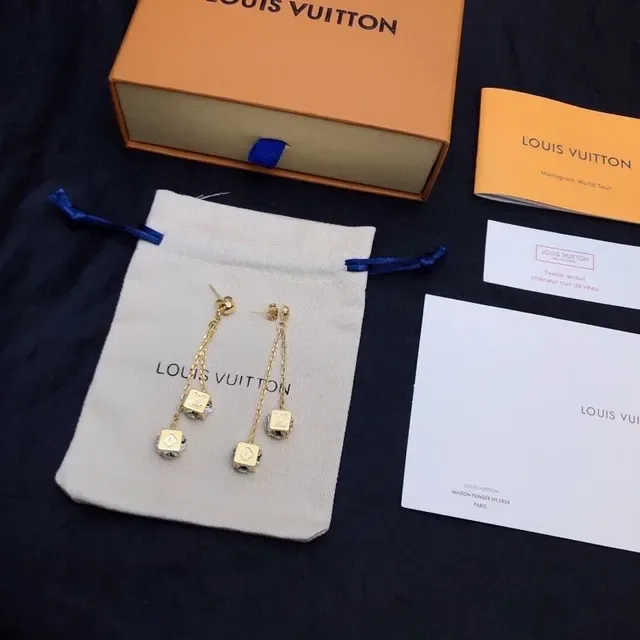 Louis Vuitton Cube Gold Transparent Chain-Dangle Earrings 6