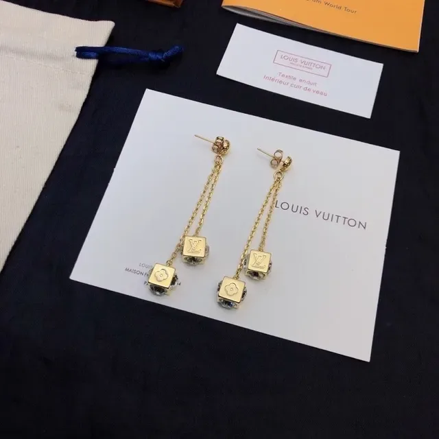 Louis Vuitton Cube Gold Transparent Chain-Dangle Earrings 7