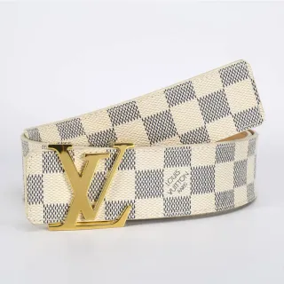 Louis Vuitton Damier Azur Beige Navy Checkerboard Canvas Gold-Tone LV Monogram Buckle Leather Belt