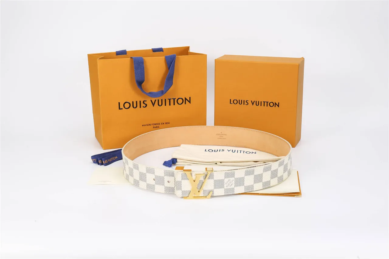 Louis Vuitton Damier Azur Beige Navy Checkerboard Canvas Gold-Tone LV Monogram Buckle Leather Belt 2