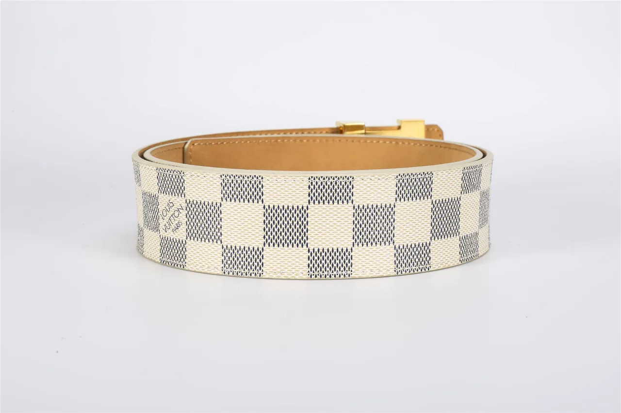 Louis Vuitton Damier Azur Beige Navy Checkerboard Canvas Gold-Tone LV Monogram Buckle Leather Belt 4