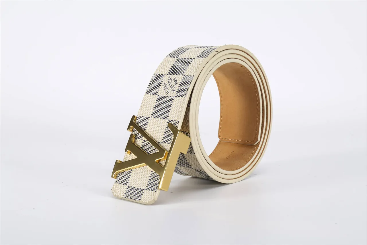 Louis Vuitton Damier Azur Beige Navy Checkerboard Canvas Gold-Tone LV Monogram Buckle Leather Belt 5