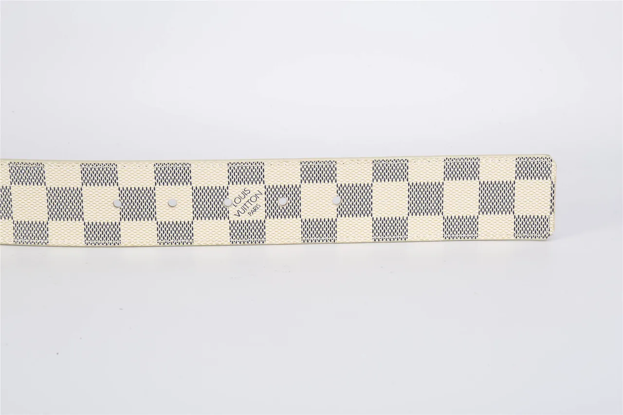 Louis Vuitton Damier Azur Beige Navy Checkerboard Canvas Gold-Tone LV Monogram Buckle Leather Belt 6