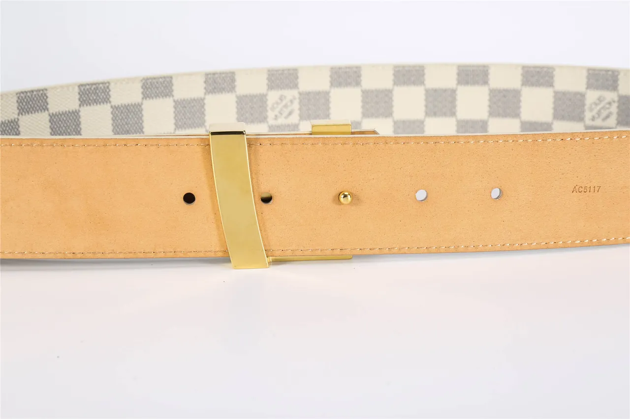 Louis Vuitton Damier Azur Beige Navy Checkerboard Canvas Gold-Tone LV Monogram Buckle Leather Belt 7