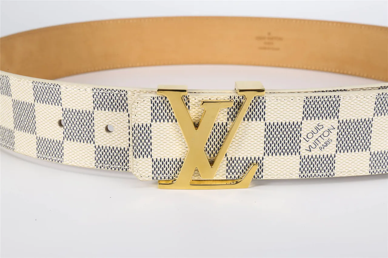 Louis Vuitton Damier Azur Beige Navy Checkerboard Canvas Gold-Tone LV Monogram Buckle Leather Belt 8