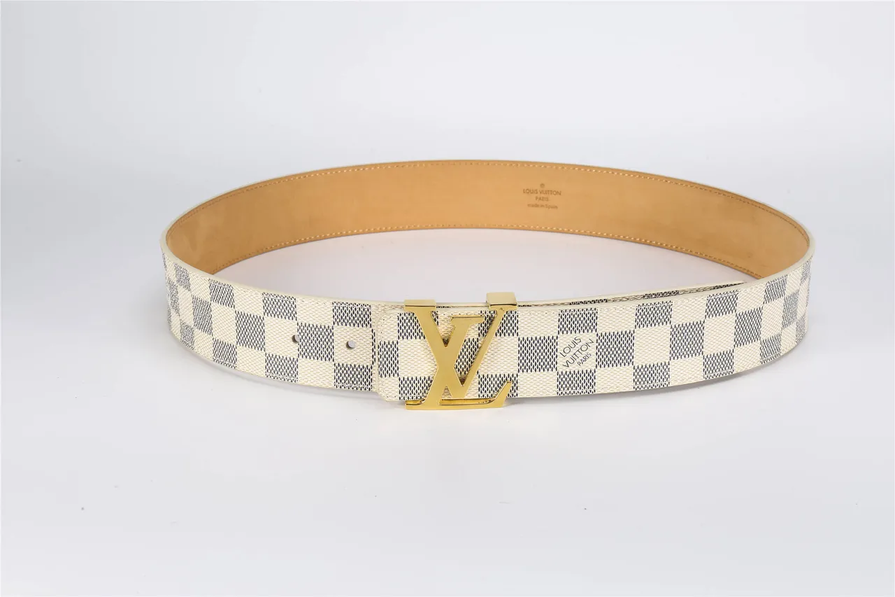 Louis Vuitton Damier Azur Beige Navy Checkerboard Canvas Gold-Tone LV Monogram Buckle Leather Belt 9