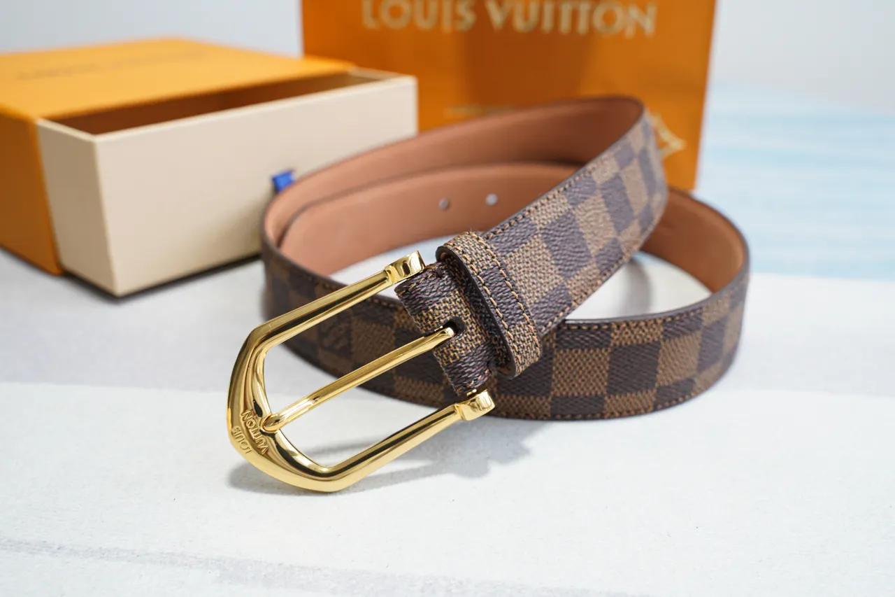 Louis Vuitton Damier Ebène Ceinture marron doré en toile avec boucle en cuir 9