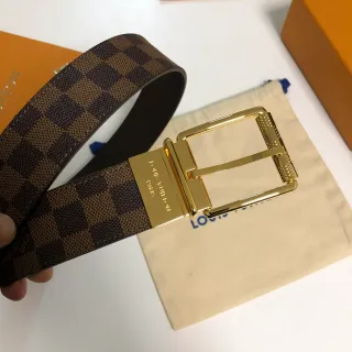Louis Vuitton Damier Ebène Reversible Belt Brown Gold Checkered Canvas Polished Rectangular Buckle Leather Belt