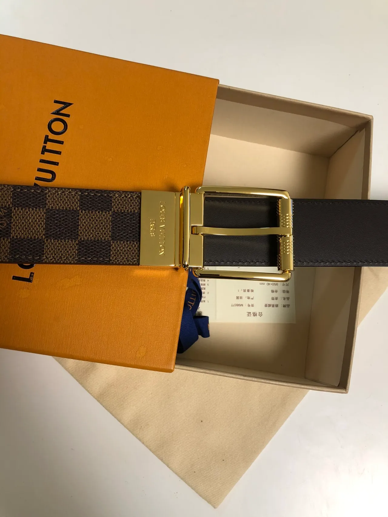 Louis Vuitton Damier Ebène Reversible Belt Brown Gold Checkered Canvas Polished Rectangular Buckle Leather Belt 2