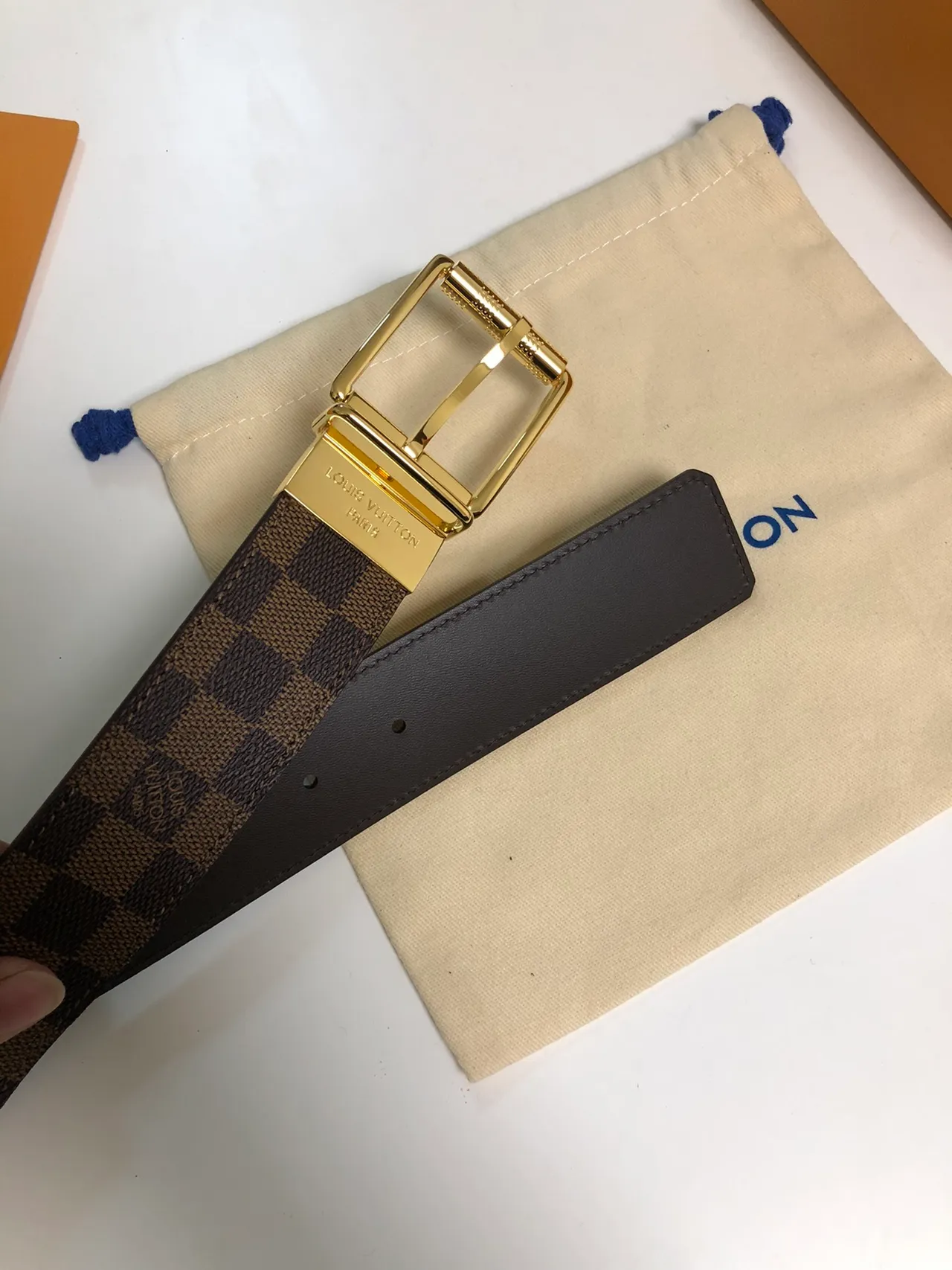Louis Vuitton Damier Ebène Reversible Belt Brown Gold Checkered Canvas Polished Rectangular Buckle Leather Belt 3