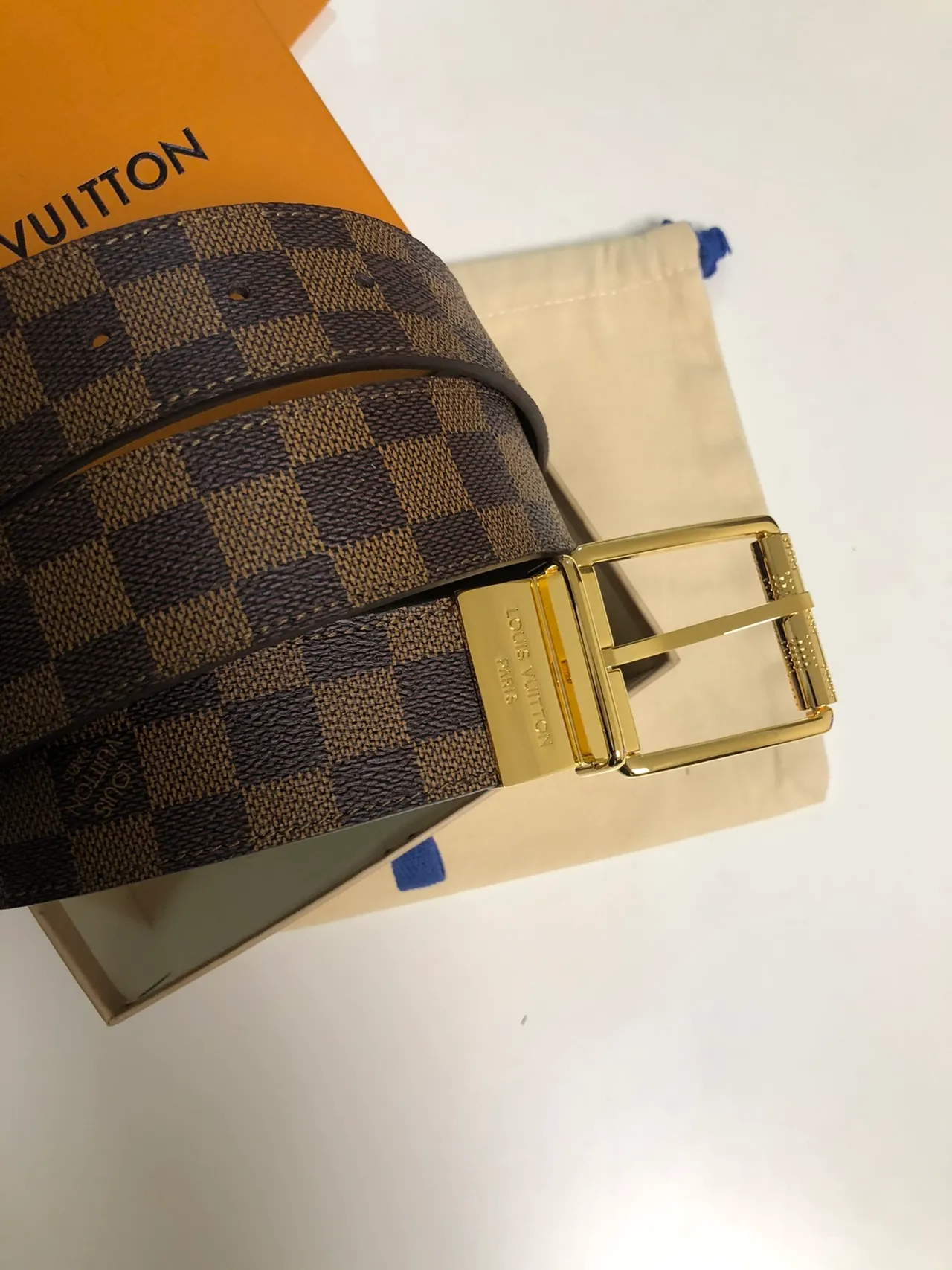 Louis Vuitton Damier Ebène Reversible Belt Brown Gold Checkered Canvas Polished Rectangular Buckle Leather Belt 4