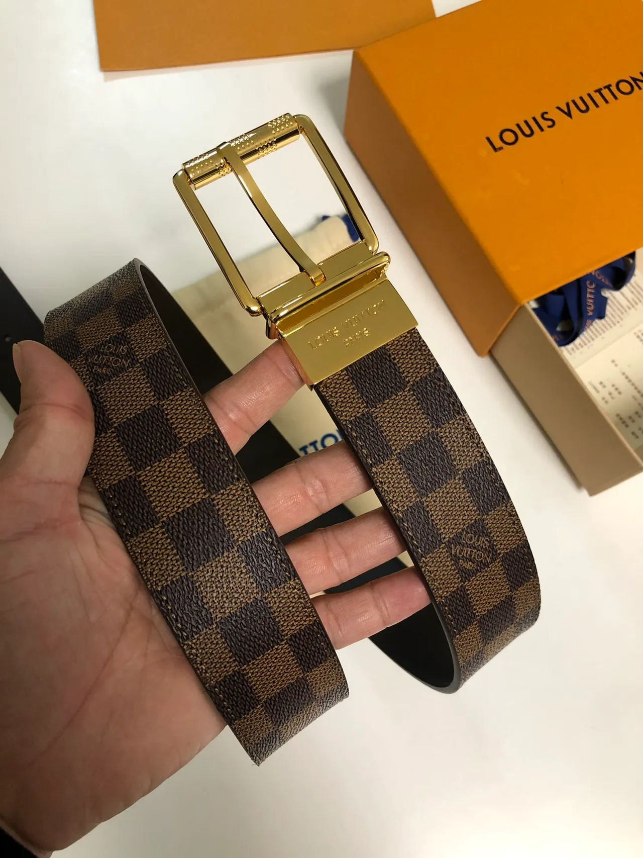Louis Vuitton Damier Ebène Reversible Belt Brown Gold Checkered Canvas Polished Rectangular Buckle Leather Belt 5