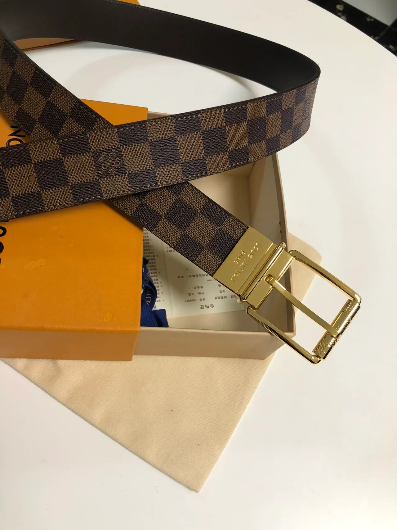 Louis Vuitton Damier Ebène Reversible Belt Brown Gold Checkered Canvas Polished Rectangular Buckle Leather Belt 6