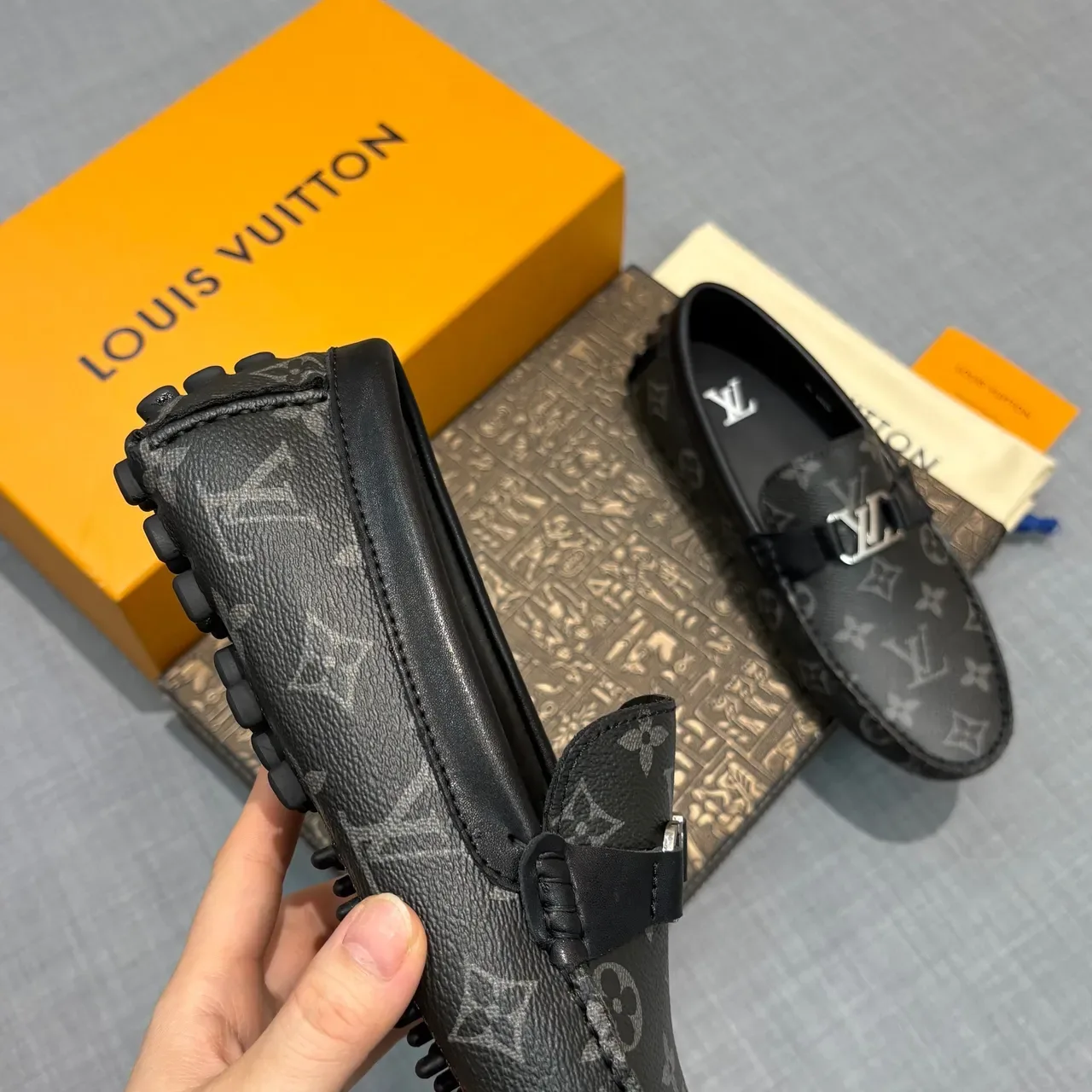 Louis Vuitton Driver Black Gray Monogram Canvas Metal LV Buckle Loafer 3