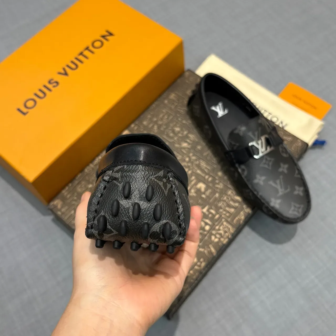 Louis Vuitton Driver Black Gray Monogram Canvas Metal LV Buckle Loafer 5