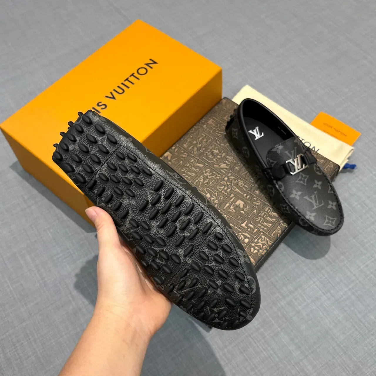 Louis Vuitton Driver Black Gray Monogram Canvas Metal LV Buckle Loafer 6