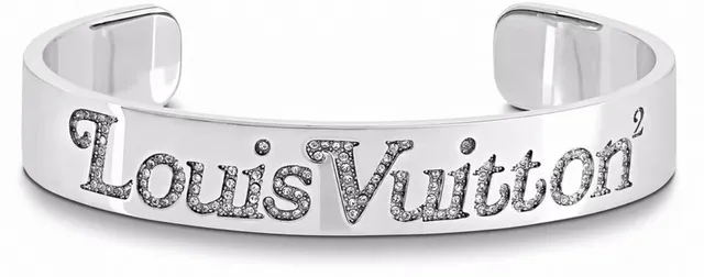 Louis Vuitton Engraved Logo Cuff Silver Gold Pavé Crystal Detail Bracelet 2